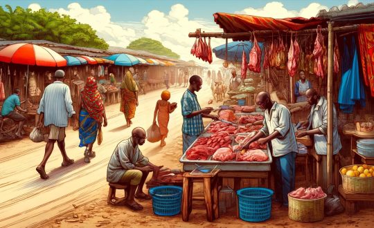 A vibrant 16_9 illustration of an African roadside market where customers are purchasing meat, focusing on a woman vendor. The scene is set along a du