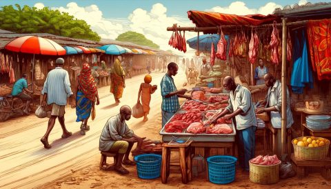A vibrant 16_9 illustration of an African roadside market where customers are purchasing meat, focusing on a woman vendor. The scene is set along a du